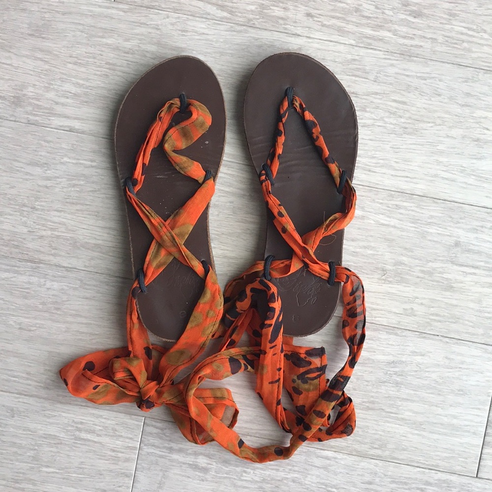 LIKE NEW Boho Leather Sandals with Orange Ribbon 8